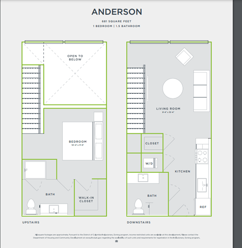Floor plan for 1 bed, 1.5 baths, 689 sqft